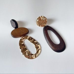 Hammered gold and wood earrings anthro dangle
